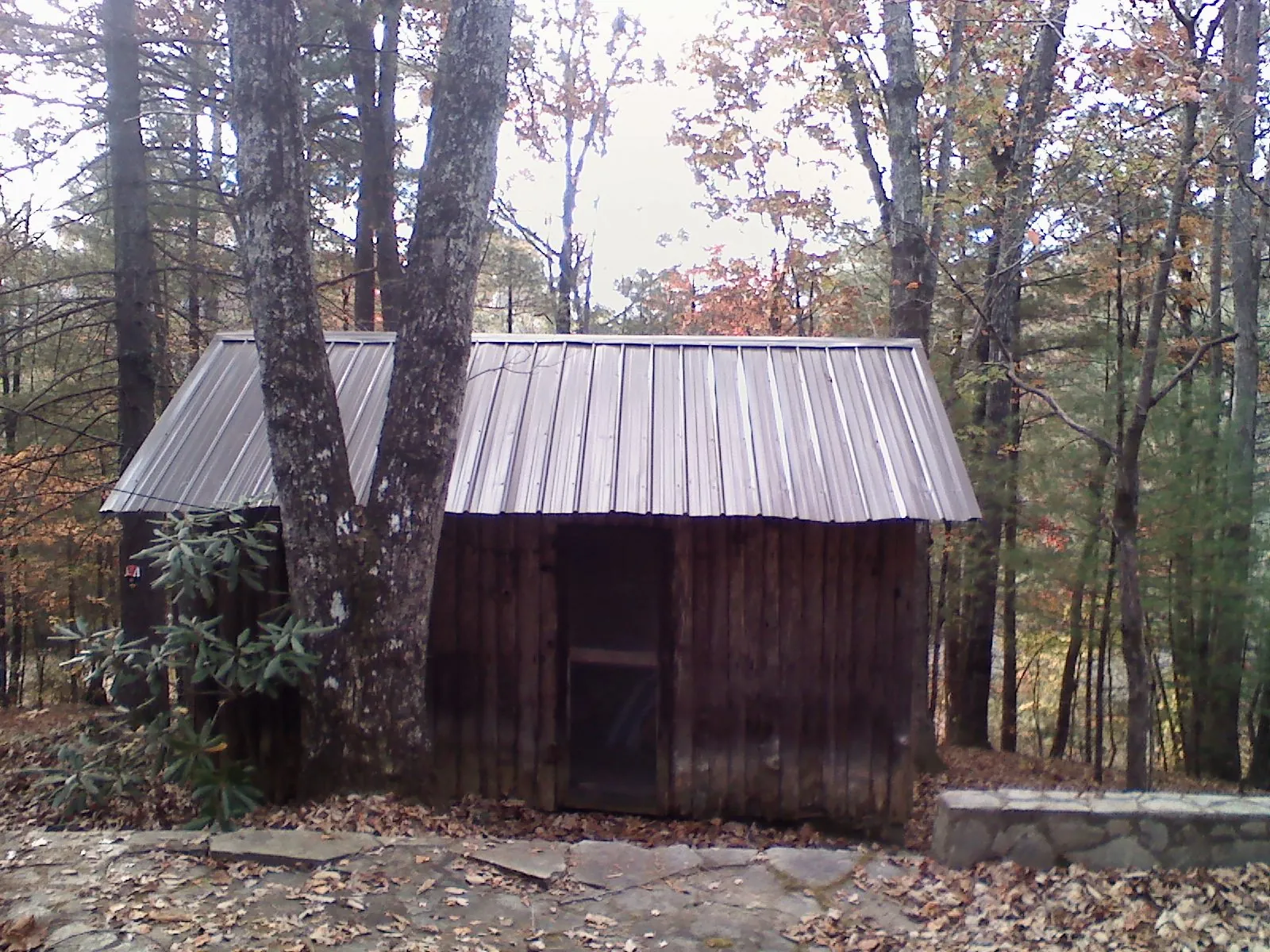 New metal gable roof on a small log shed among the trees in Canton